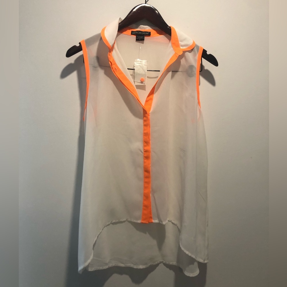 American Dream Sheer White Sleeveless Top with Neon Orange Trim